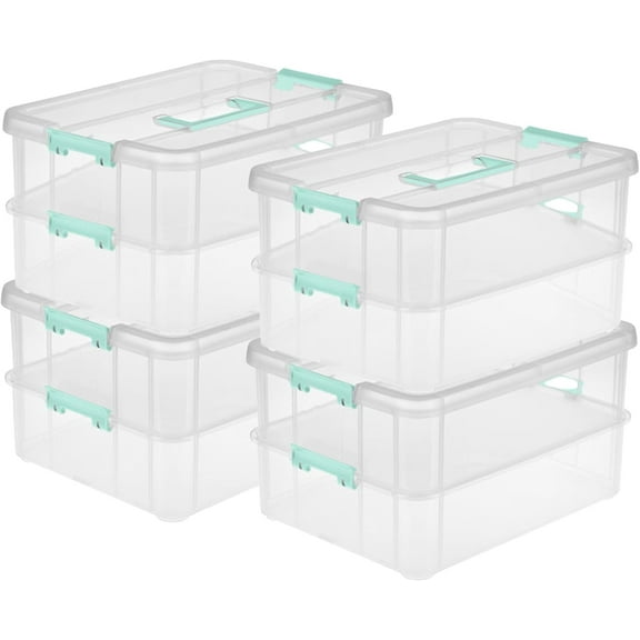 4-Pack Stack & Carry, 2 Layer Handle Box for Home & Office Storage - Clear Base & Lid with Color Latches, Organizer for Art & Craft Supplies, Sewing Tools or 8.5" x 11" Paper