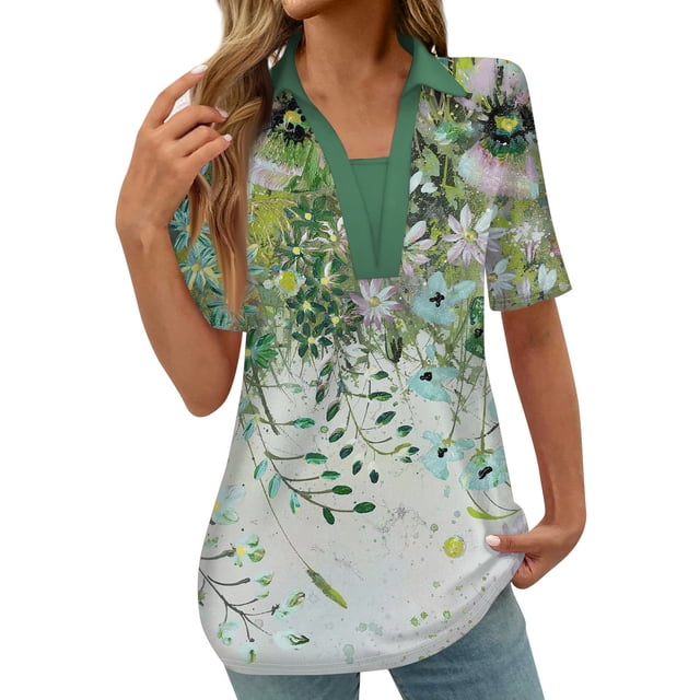 Tops Cortos para las Mujeres Blusas Impresas Manga Corta Turndown Collar Camiseta, Tops de Blusa para las Mujeres Casual
