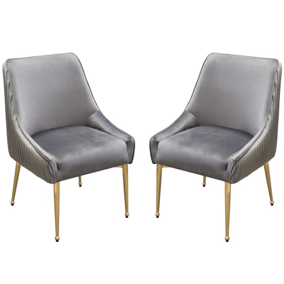 24 Inch Pleated Dining Side Chair Set of 2 Smooth Gray Velvet Upholstery