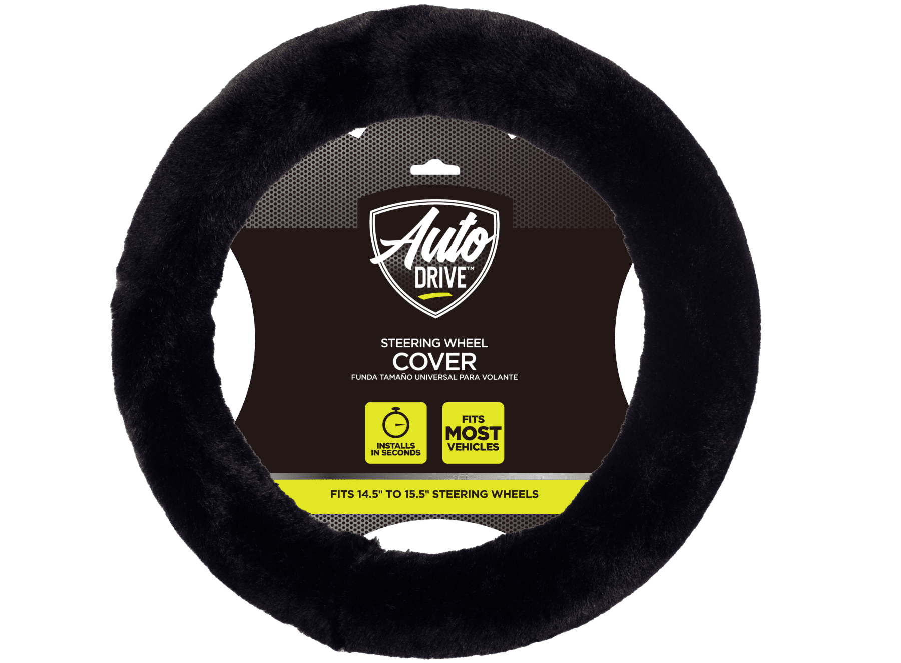 Auto Drive 1Piece Car Steering Wheel Cover Cozy Soft Faux Fur Polyester - Universal Fit, Black