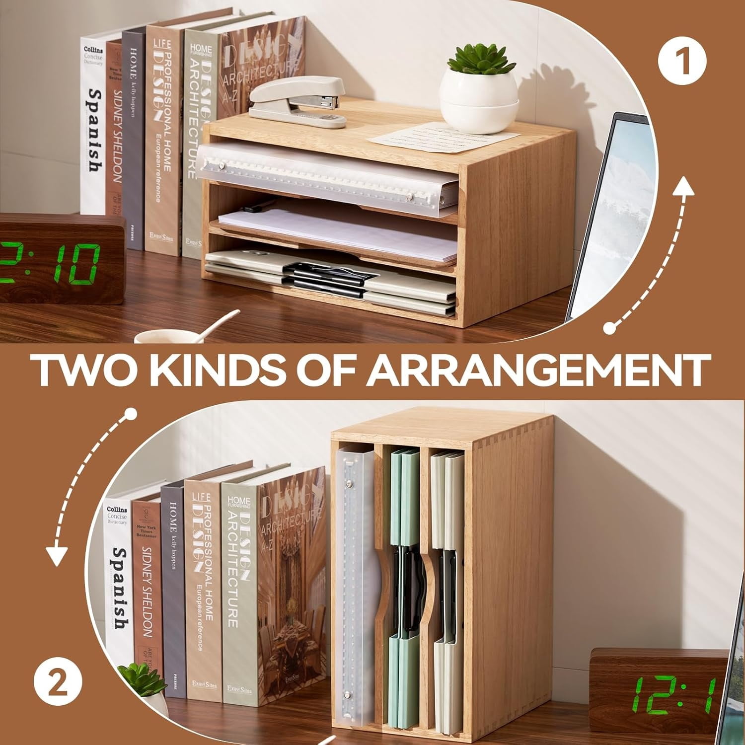 Wooden Desktop Organizer Paper Storage Letter Tray File Sorter - Desk Rack Magazine File Dividers Holders for Home Office Accessories Wood Desk Cabinet with 3 Layer Trays Natural