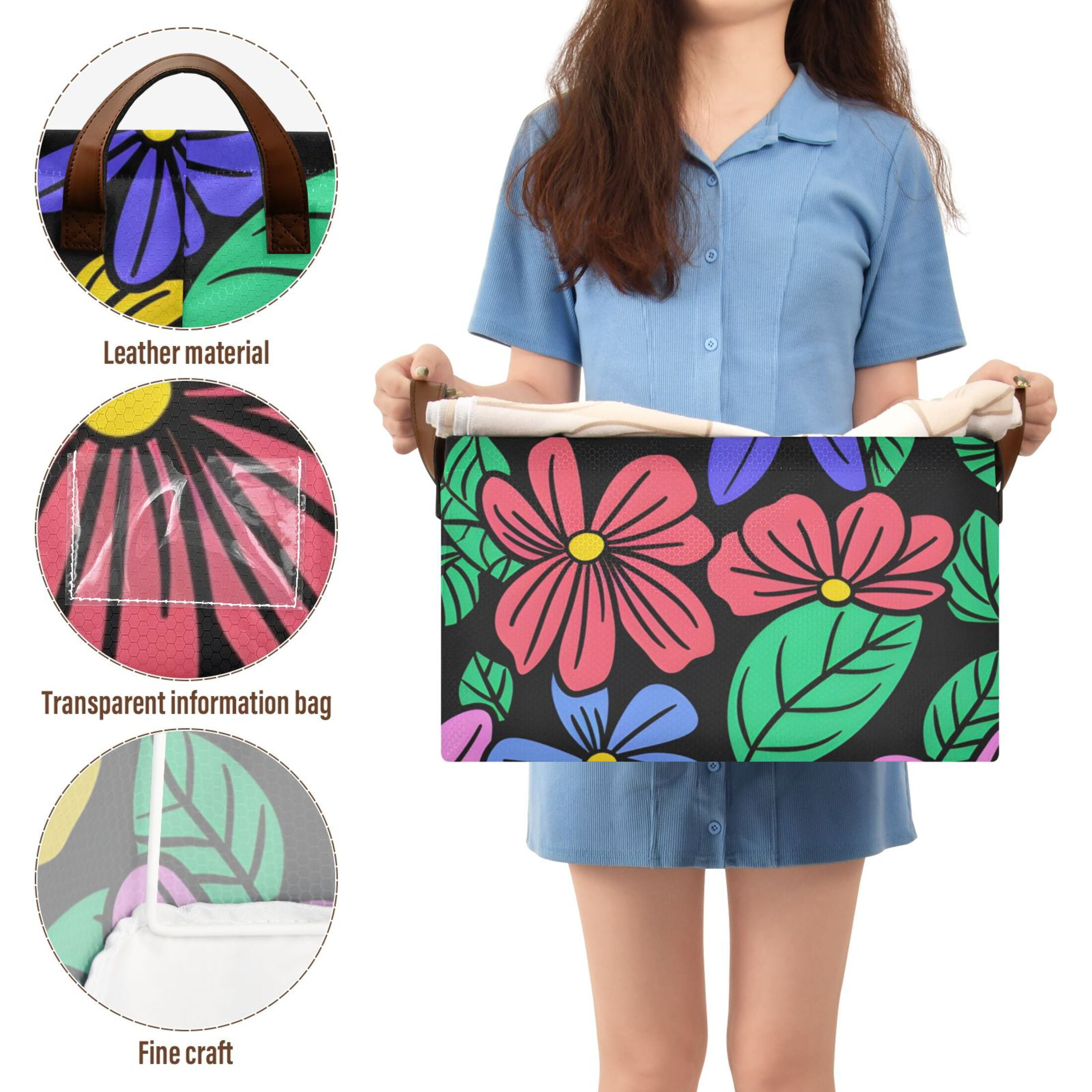 Flowers and Leaves Black Foldable Storage Large Fabric Storage Baskets Organizer Storage Bins with Handles for Shelves