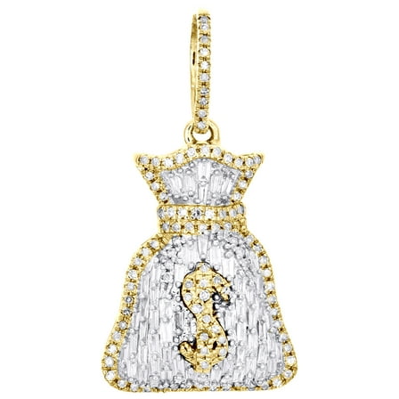 10K Yellow Gold Round & Baguette Diamond Money Bag Pendant 1.25" Charm 0.70 CT.