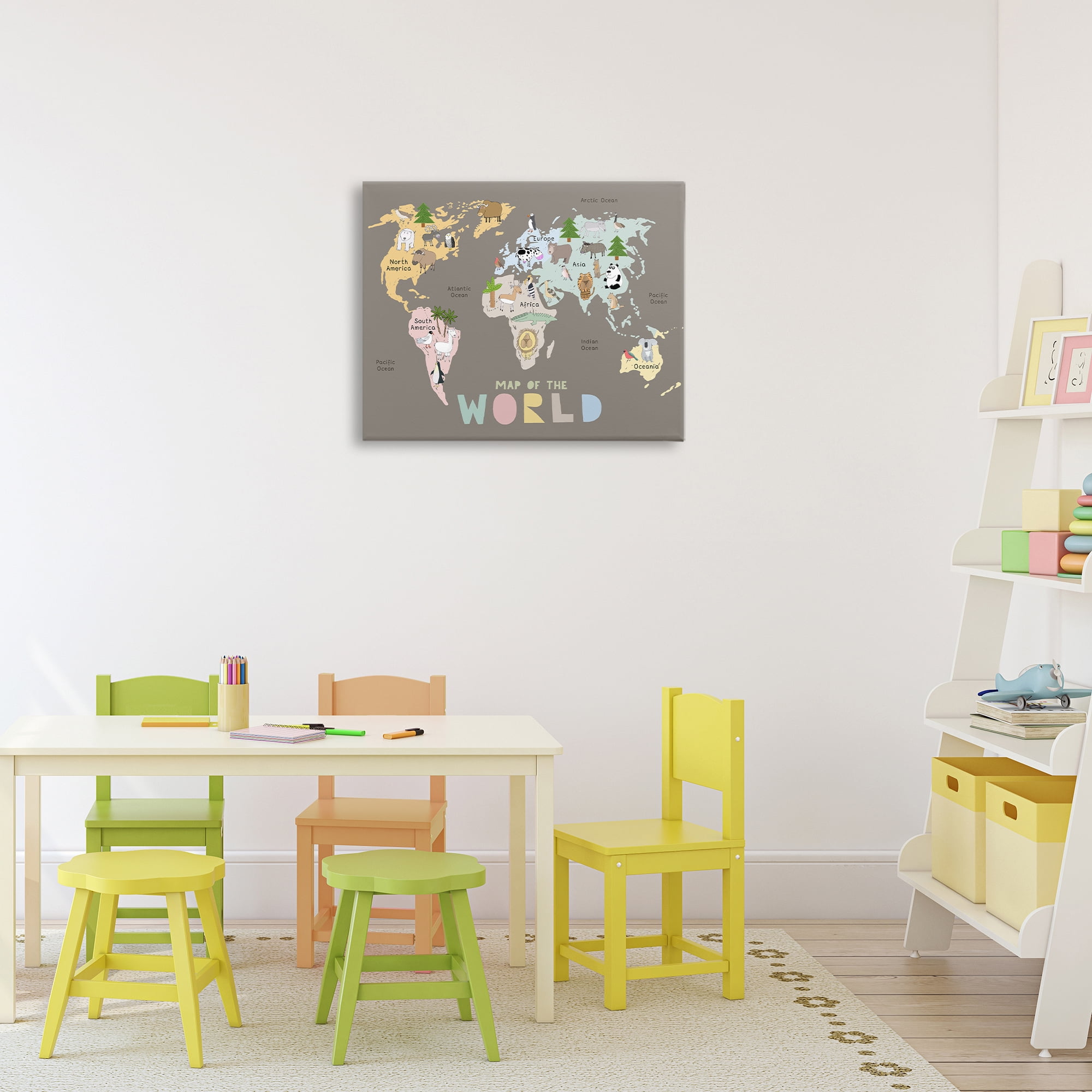 Kid's Map Of World Brown Canvas Wall Art, design by Carla Daly