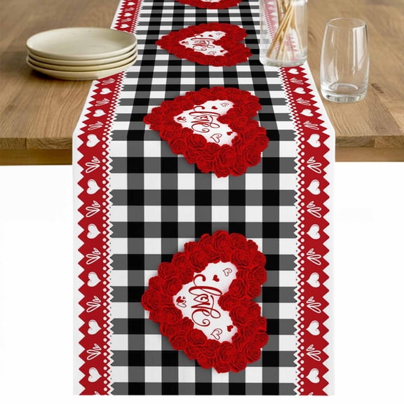 Valentine's Day Table Runner 70 Inches Long Farmhouse Dress Scarves, Romantic Roses Love Heart Plaid Farmhouse Dining Tablerunner for Coffee Table/Kitchen Island/Party Décor, 13" x 70"
