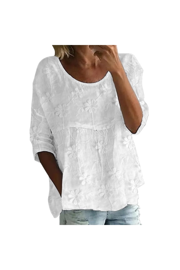Womens Tops Summer Print Round Neck 3/4 Sleeve Loose Tee Spring Tops for Women