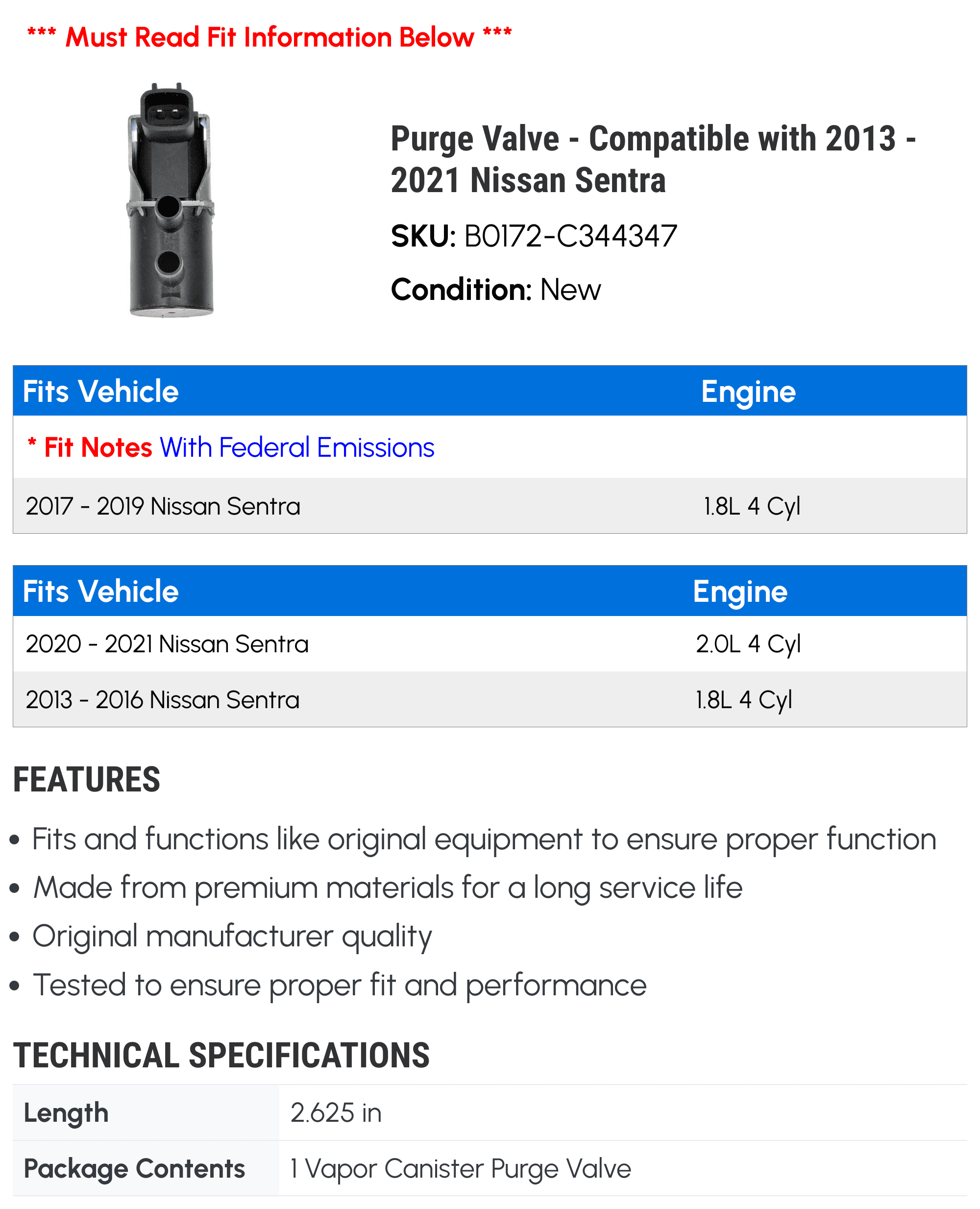 Purge Valve - Compatible with 2013 - 2021 Nissan Sentra - Dorman