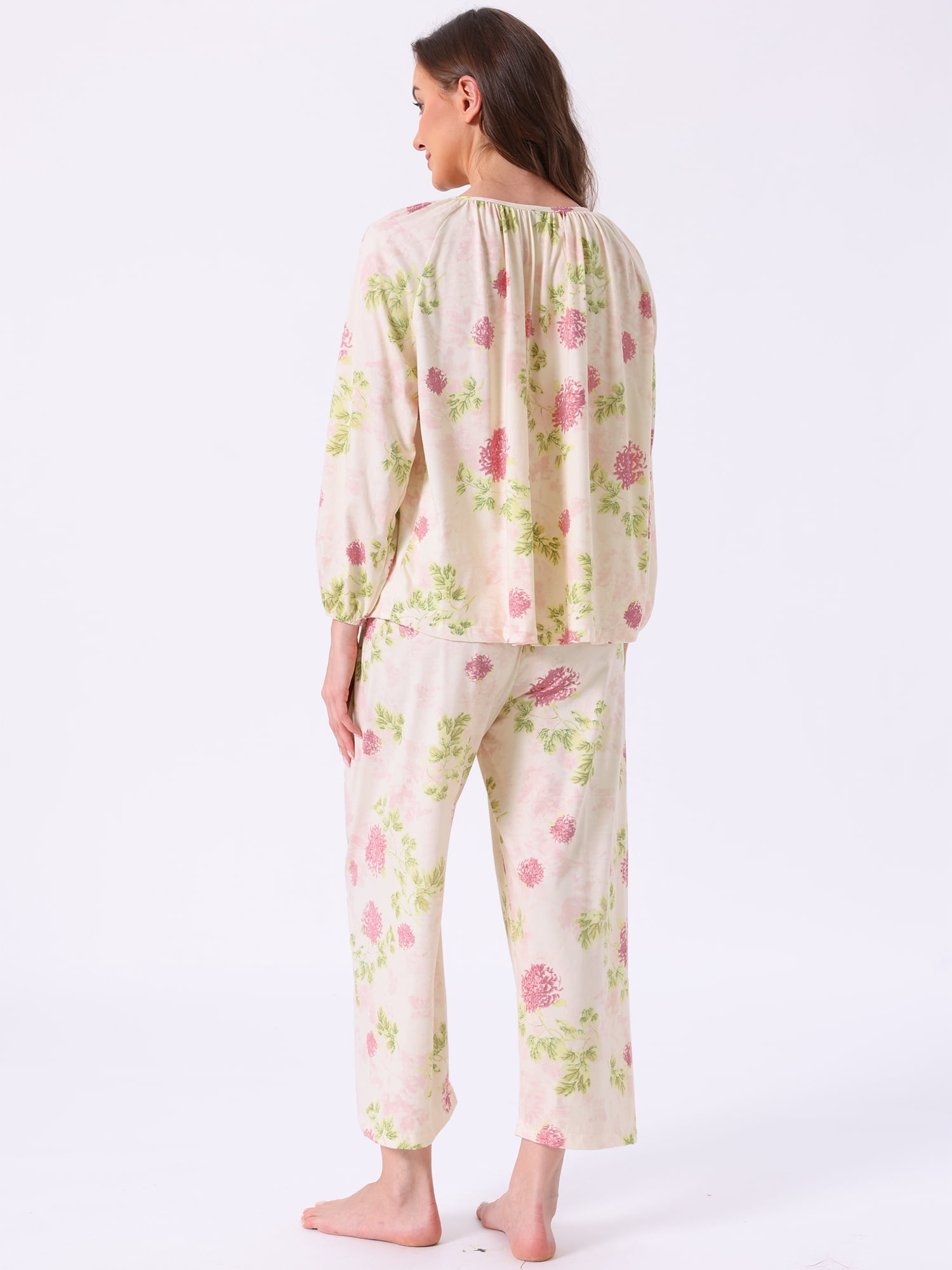 DARING DIVA Women's Long Sleeve Floral Pullover Tie Front Wide Leg Pajamas L Beige