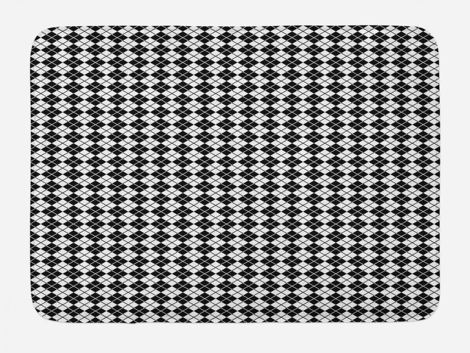 Plaid Bath Mat, Modern Graphic Argyle Pattern in Black and White Repetitive Diamond Shape
