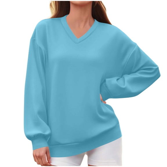 Vivianyo HD Women's Casual V-Neck Pullover Sweatshirt, Fall Loose Long Sleeve Stretch Rib Cuff and Hem Solid Lightweight Crewless Sweat Tops for Women, Women's Sky Blue, Sizes S-2XL