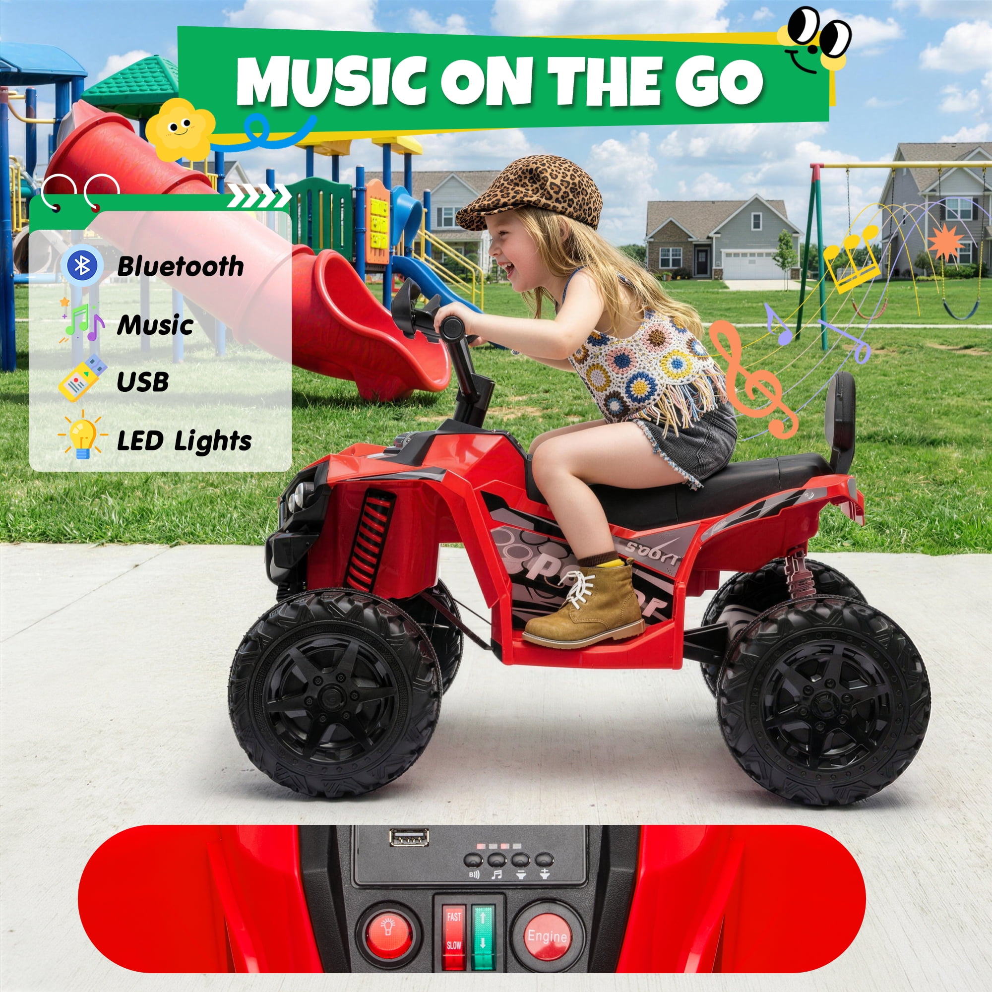 24V Kids Ride On ATV for Ages 3-8, 4WD Electric Quad with 4 Motors, Bluetooth Music, LED Lights, Spring Suspension, 3-5 km/h, 110 lbs Capacity, Battery Powered Toy for Boys Girls, Red