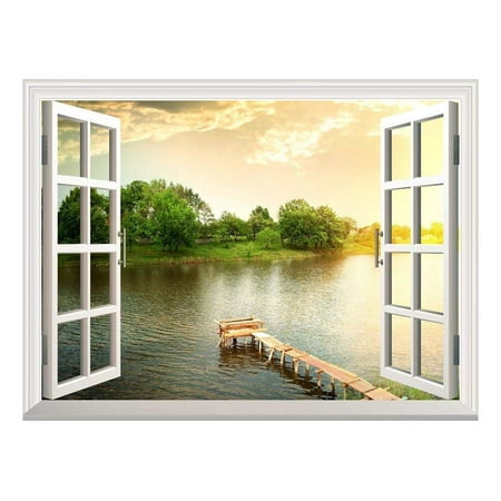 Removable Wall Sticker/Wall Mural - A small Wood Pier for Fishing at a River | Creative Window View Wall Decor -