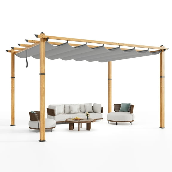 10x13 ft Aluminum Pergola with Sliding Canopy, Faux Wood Grain Outdoor Patio Shelter.