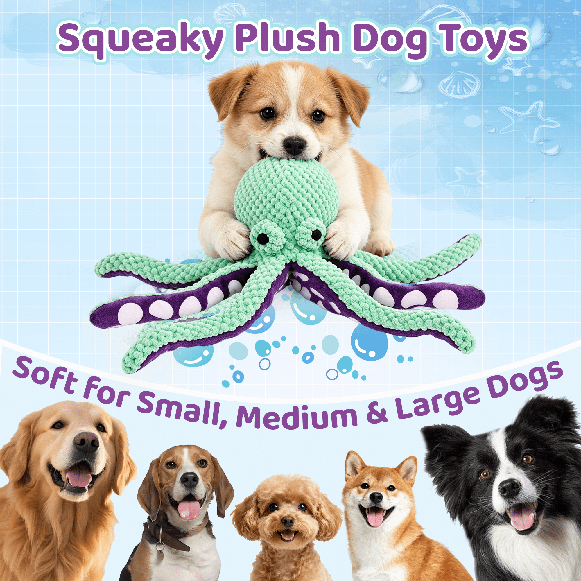 GARITIN Octopus Squeaky Plush Dog Toy, Interactive Soft Chew Toy for Puppies, Small & Medium Dogs