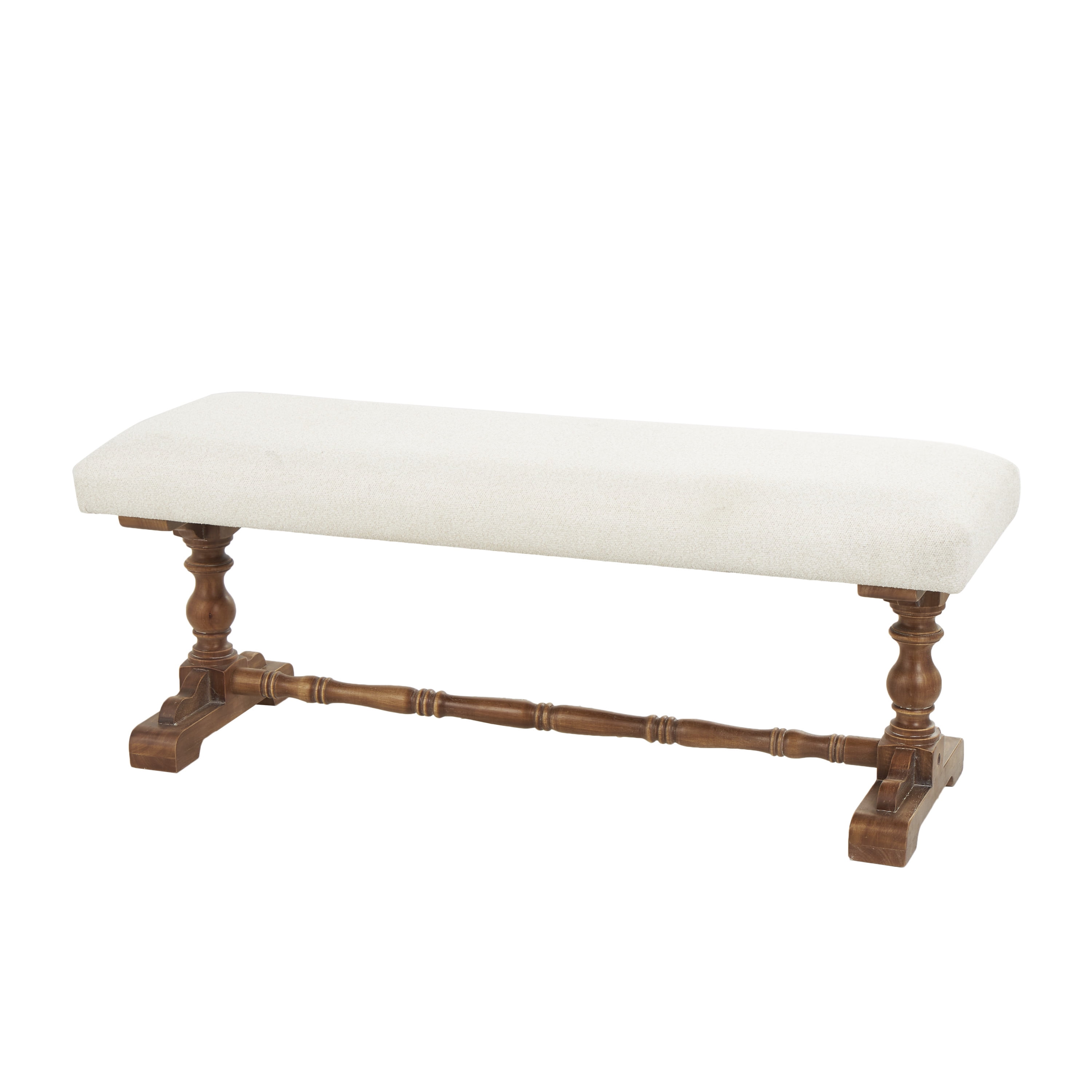 DecMode Fabric Bench with Brown Turned Legs, Cream