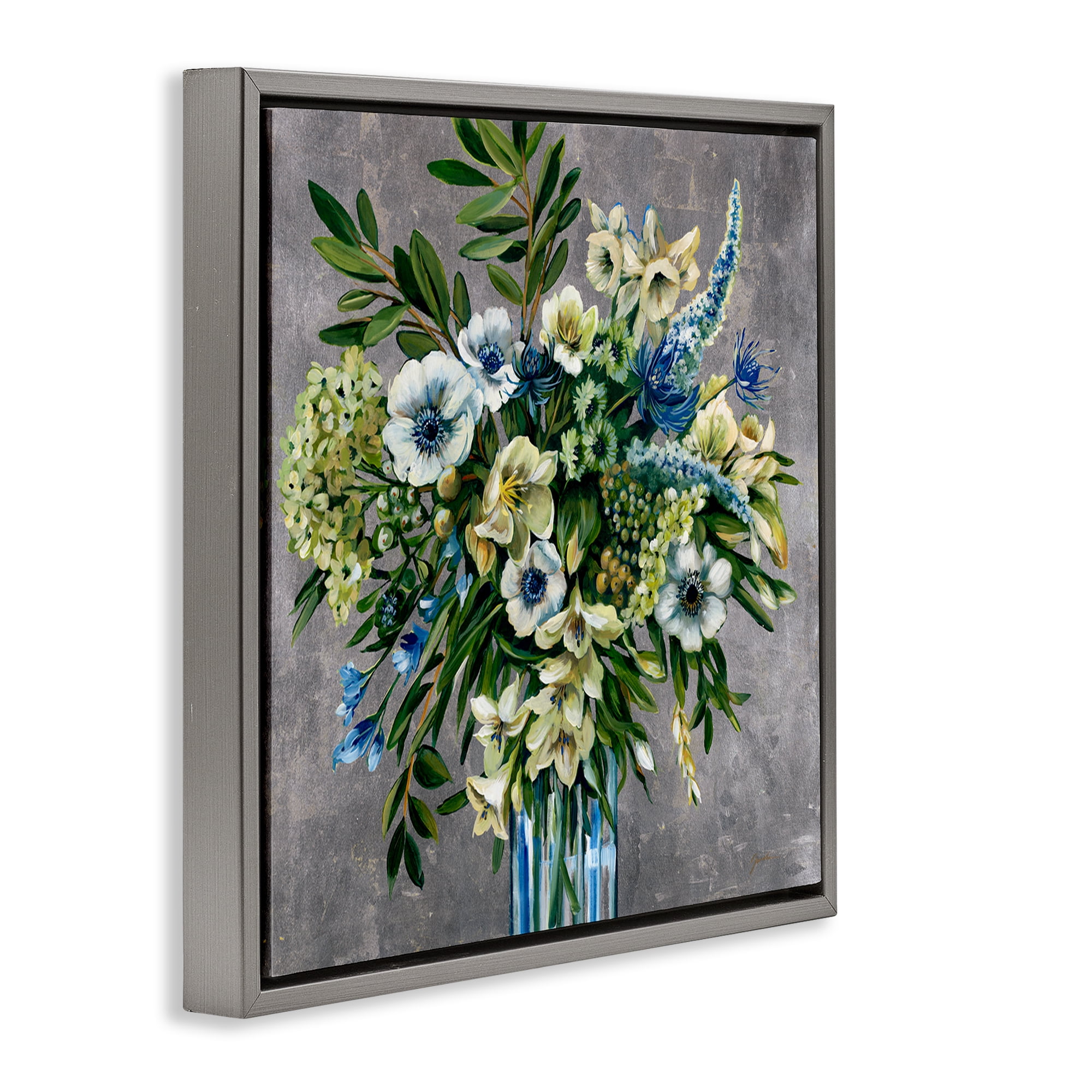Stupell Industries Traditional Bouquet of Flowers Plants & Flowers Painting Gray Floater Framed Canvas Art Print Wall Art, 25 x 25