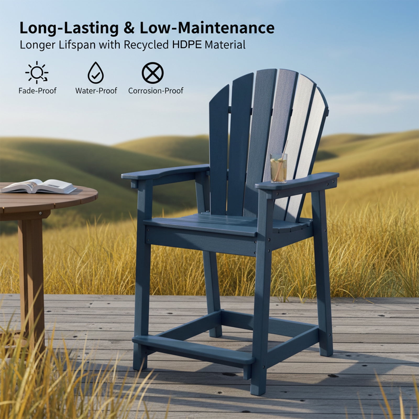 OTSUN Tall Modern Adirondack Chair, All Weather HDPE Bar Height Adirondack Stools Widened Durable Design for Porch Patio Yard Lawn Fire Pit Bistro Basement Indoors & Outdoors