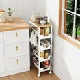 thumbnail image 2 of 5-Tier Slim Storage Cart, Wooden Top Rolling Kitchen Cart with Pull-Out Baskets & Wheels, Narrow Space Utility Cart Slide Out Organizer for Kitchen, Bathroom, Laundry Room, White, 2 of 7