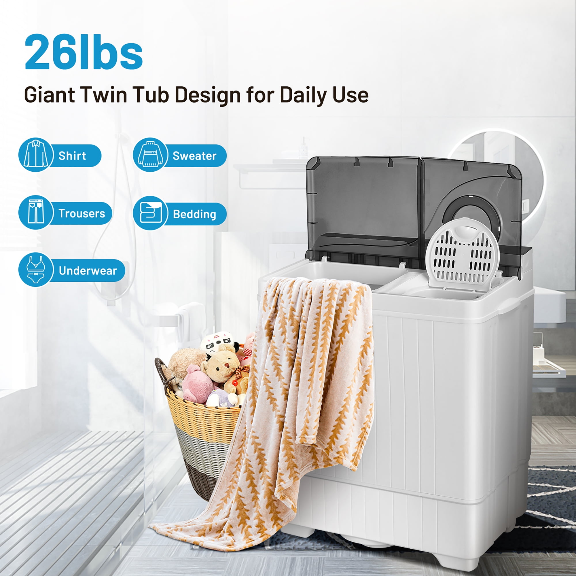 Small Semi-Automatic Compact Washing Machine with Timer Control Single Translucent Tub 7lbs Capacity Portable Washer for Compact Laundry Blue and White COSTWAY Mini Washing Machine 