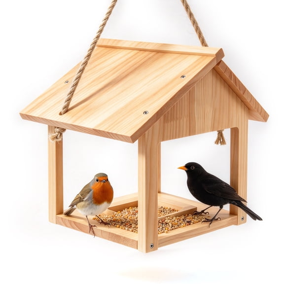 Solid Wood Hanging Platform Bird Feeder with Overhang Roof & Deep Tray – Easy Install & Quick-Hang Rope, Attracts Robins, Cardinals & Bluebirds – Outdoor Garden Decor