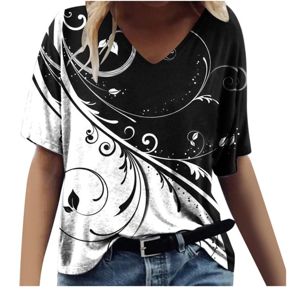 JURANMO Short Sleeve V Neck T Shirts for Women, Womens Summer Tops Fashion 2024 Floral Print T Shirts Casual Short Sleeve Shirts Loose Fit Tshirts Todays Daily Deals Gray XXL