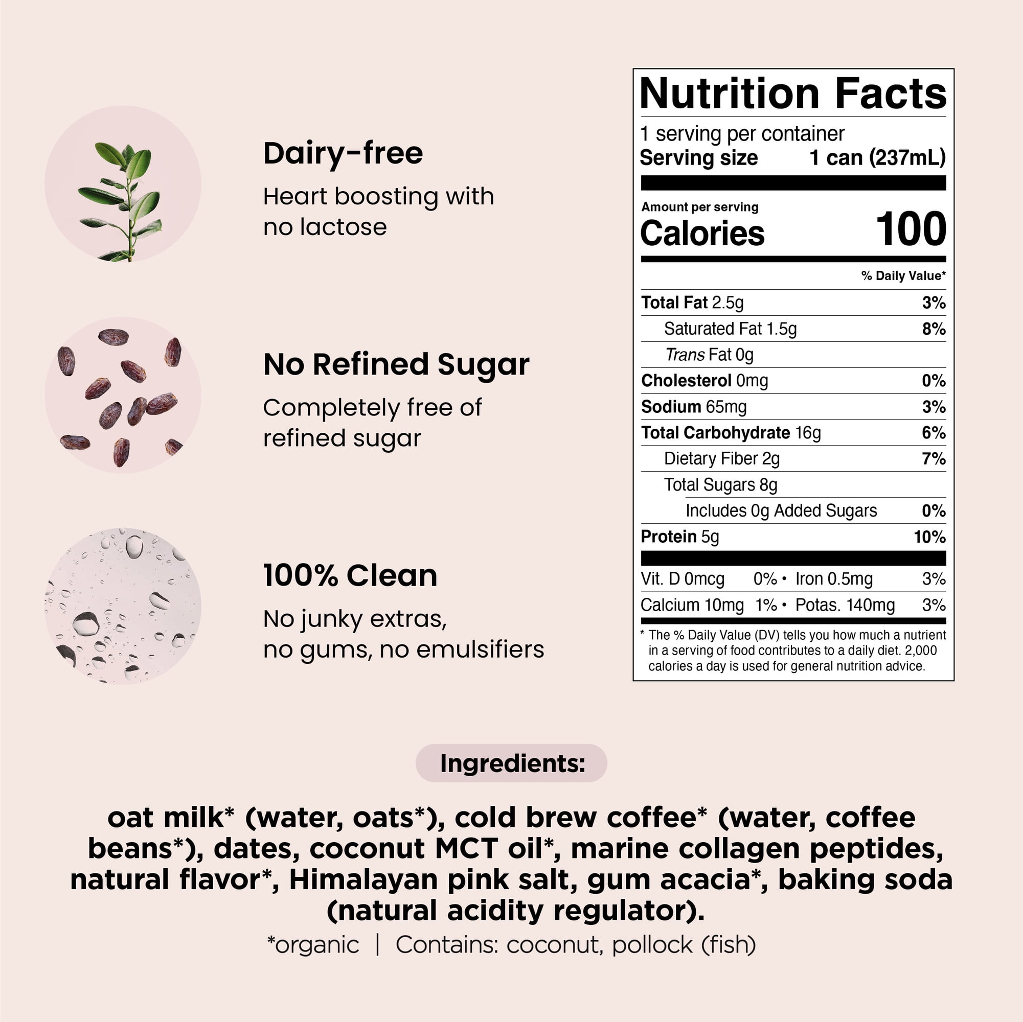 (2 pack) Pop & Bottle Vanilla Oat Milk Latte + Collagen, Organic, Shelf-Stable/ Ambient, 8 fl oz