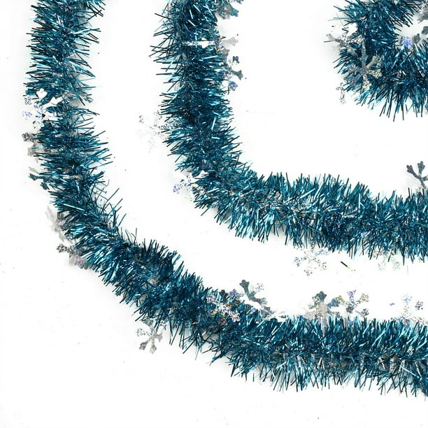 50' shiny dark turqouise blue christmas tinsel garland with holographic snowflakes unlit 6