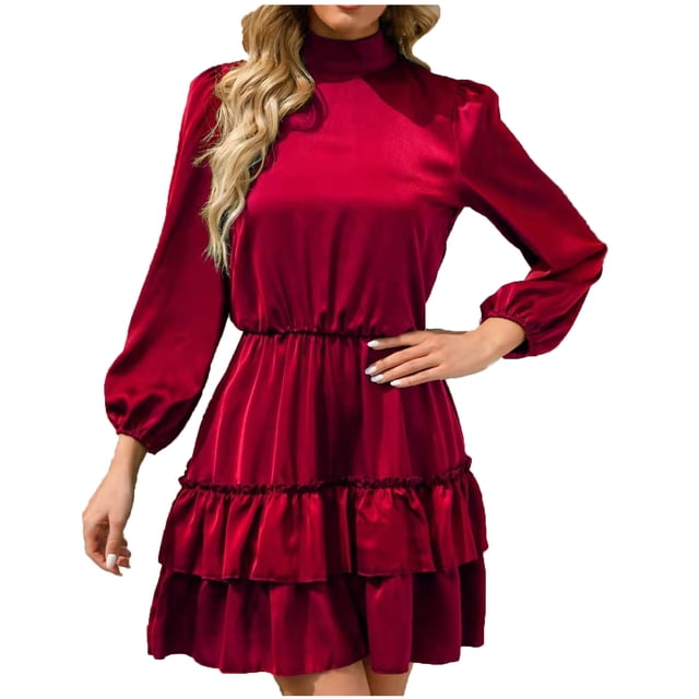 Vestidos Para Mujer Vestidos de Otoño Moda Casual Sólido Satén Cinturón Cuello Alto Pastel Plisado Manga Larga Cuello Redondo Rodilla Vestido Odeerbi ODB130695