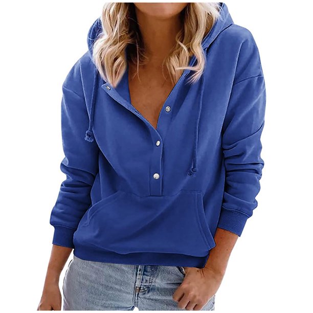 Moda mujer Casual invierno sólido manga larga botón bolsillo sudadera con capucha Fridja bvmnju6466