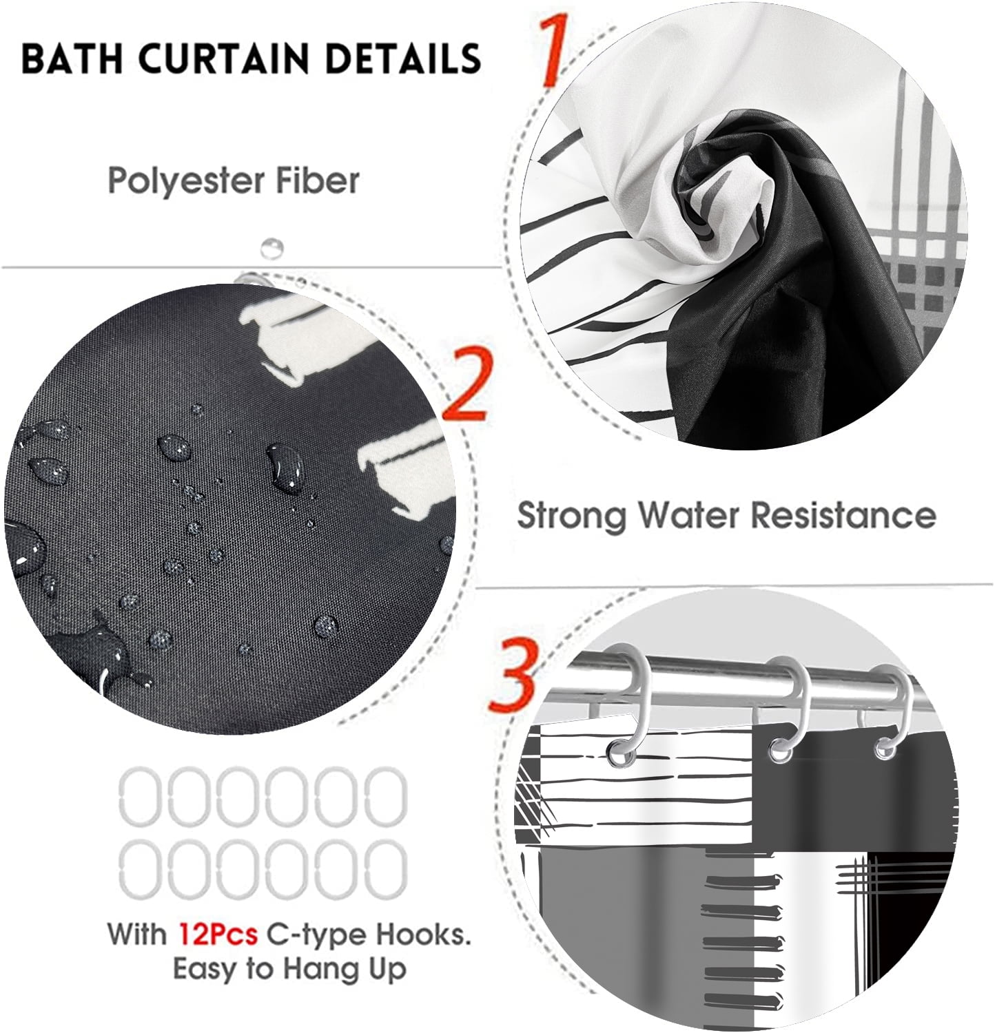 All Smiles 4-Piece Bathroom Sets Shower Curtain Set with Non-Slip Rug and Toilet Lid Cover,Black