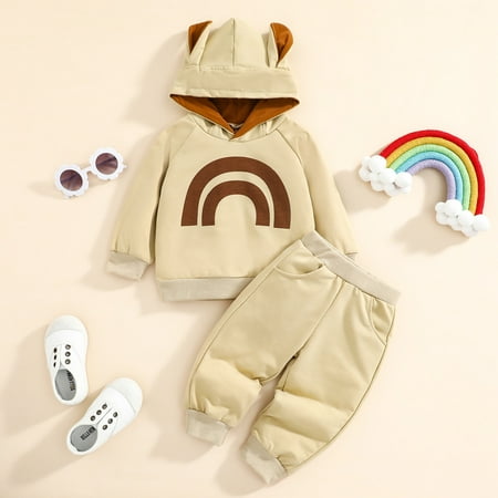 

Hunpta Kids Boys Girls Casual Long Sleeves Cute Cartoon Rainbow Prints Hooked Sweatshirts Pants 2pcs Set Outfit