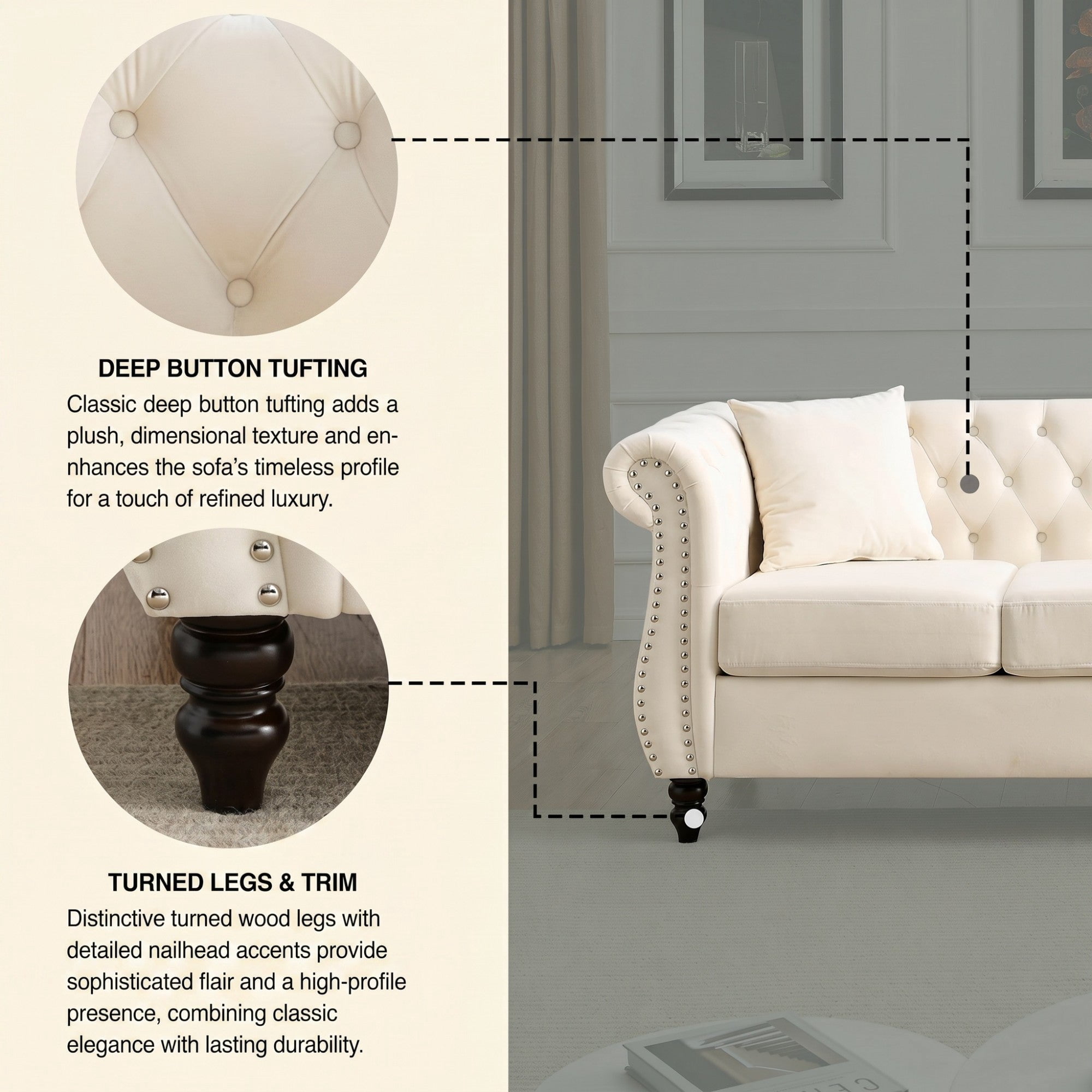 Sailvan 80" Chesterfield Velvet Sofa, 3 Seater Tufted Couch with Nailhead Trim and Rolled Arms Beige