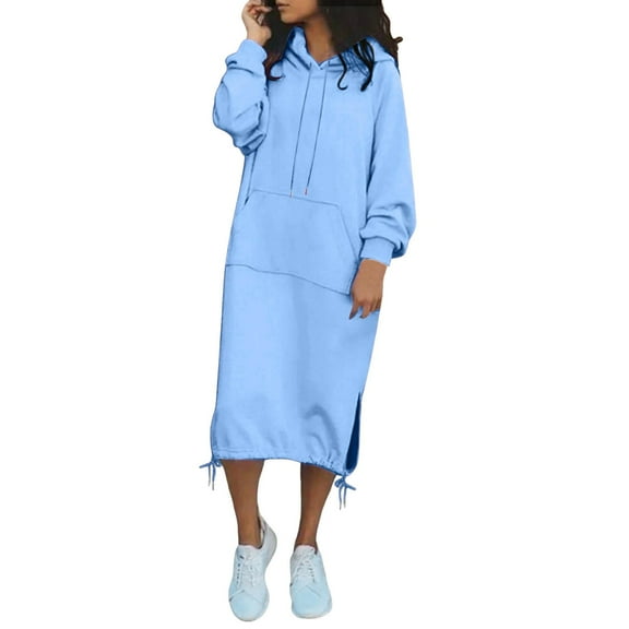 Dpytoraw Women's Casual Loose Solid Color Drawstring Hoodie Fall Warm Fleece Sweatshirt Maxi Dress With Pocket Women’s Work Office Appropriate Dresses