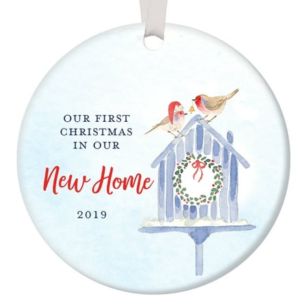 First Christmas In Our New Home 2019, 1st Xmas Ornament New House Homeowners Housewarming Watercolor Birdhouse Circle Ceramic Congrats Present 3