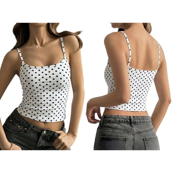Women's Polka Dot Spaghetti Strap Cropped Tank Top Slim Fit Top White & Black XS