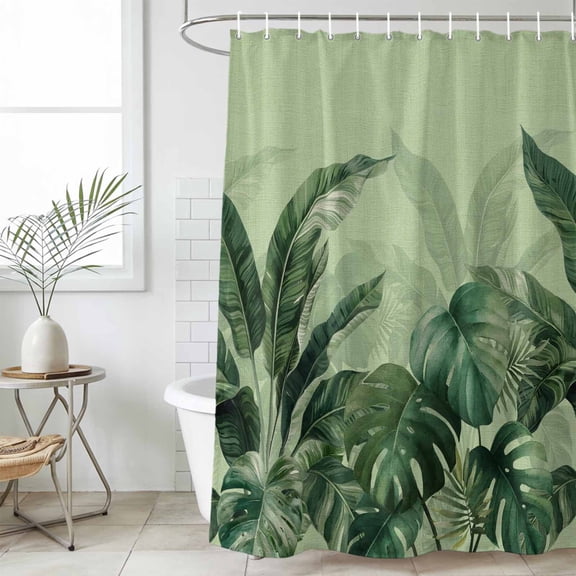 Palm Leaves Tropical Small Stall Shower Curtain, Waterproof Shower Curtains for Bathroom, Green Botanical Summer Green Ombre Washable Fabric Bath Curtain for Bathtub with Hooks 36x78 Inches