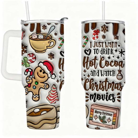 Hot Cocoa Christmas Movies Insulated Tumbler with Lid and Straw, Gingerbread and Holiday Cocoa Design Stainless Steel Travel Mug with Handle