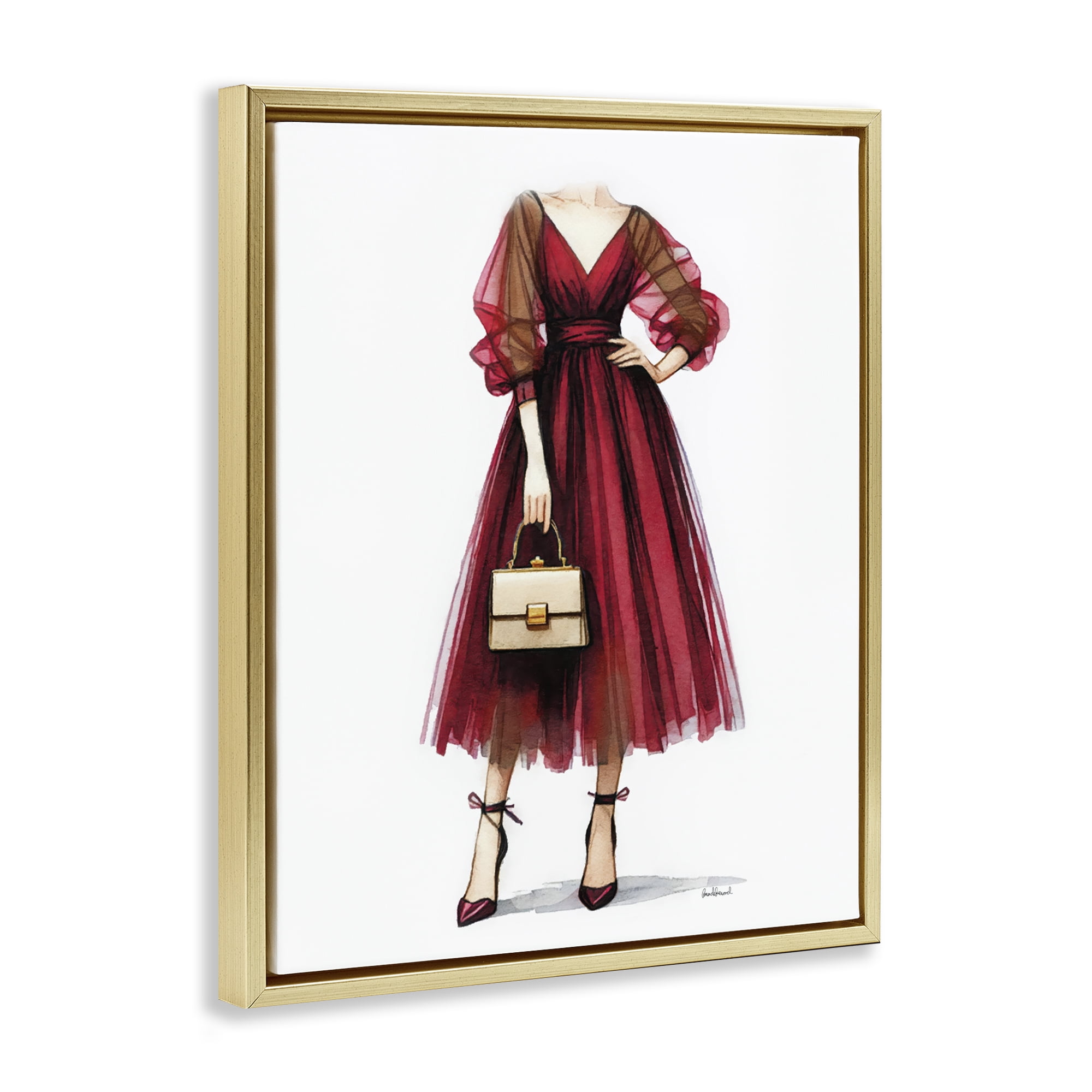 Stupell Industries Maroon Fashion Gown Fashion Painting Gold Floater Framed Canvas Art Print Wall Art, 17 x 21