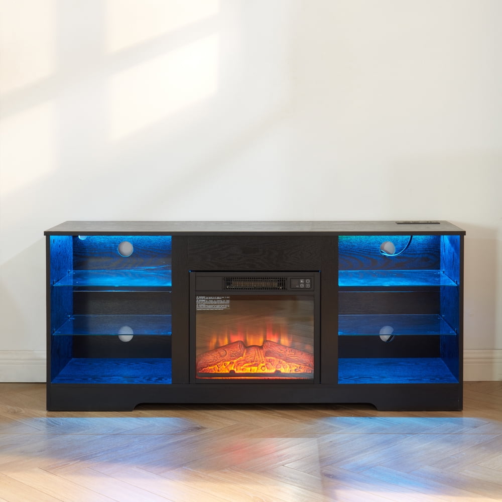 TV Stand with 3D Electric Fireplace for 62 Inch TV, 58 Inch Media Console with Glass Shelves, LED Lights, USB Charging Outlet Modern Television Table Center, Black