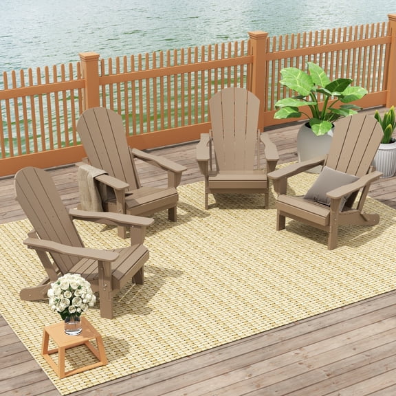 FADINGFREE Outdoor Folding Adirondack Chair Set of 4, All-Weather & Space-Saving HDPE Chair for Patio, Poolside, Deck & Graden, Weathered Wood