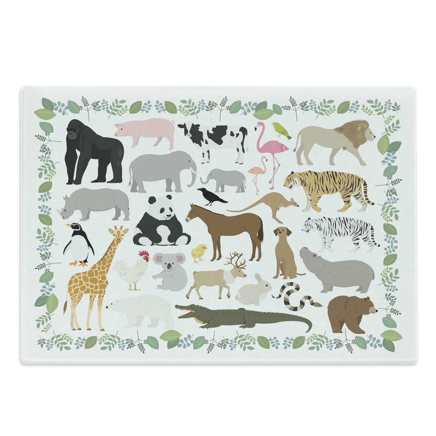 Animal Cutting Board, Various Forest Creatures with Leaves Around as