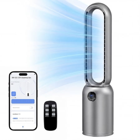 ADVWIN Smart Bladeless Tower Fan, 26ft/s Fast Cooling, 24 Speeds, App Control, 90° Oscillation, Grey