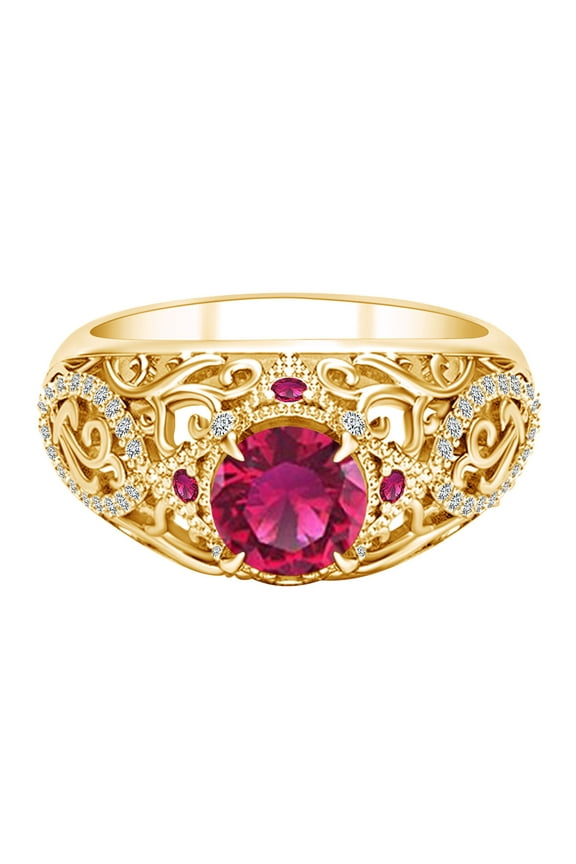 1.27 Carat Round Shape Simulated Ruby & Natural Diamond Unique Filigree Ring 14k Solid Yellow Gold Ring Size-7