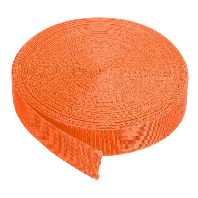 Uxcell Flat Nylon Webbing Strap, 1 inch wide and 20 yards long, in bright orange color. The tightly woven nylon material is durable, flexible, and soft to the touch, suitable for backpacks, luggage racks, chair seats, cargo straps, crafts, and travel accessories. Ideal for indoor or outdoor activities, the roll is neatly coiled with a visible cut edge.