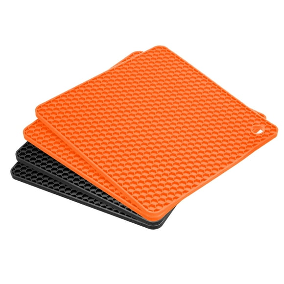 Silicona Salvamanteles Olla Estera 4uds, Cuadrado Silicona Olla Soporte para Calientes Sartenes y Olla Almohadilla. Calor Resistente Encimeras Esteras para Encimera-Naranja+Negro