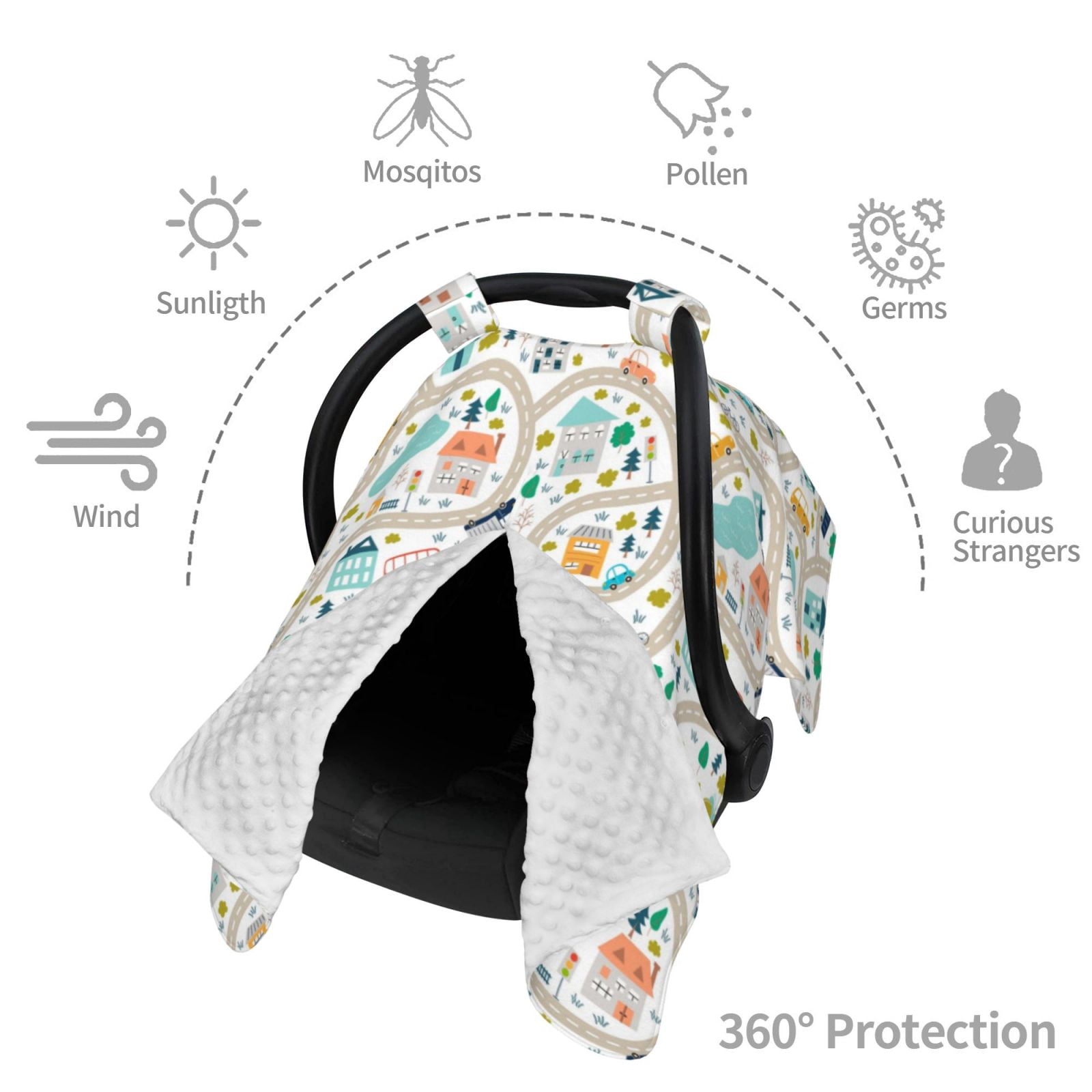 Naloa Hand Drawn Cars Trucks Buses And Roads Baby Car Seat Cover, Breathable Baby Carrier Cover, Multiuse Baby Carrier Cover & Nursing Breastfeeding Cover