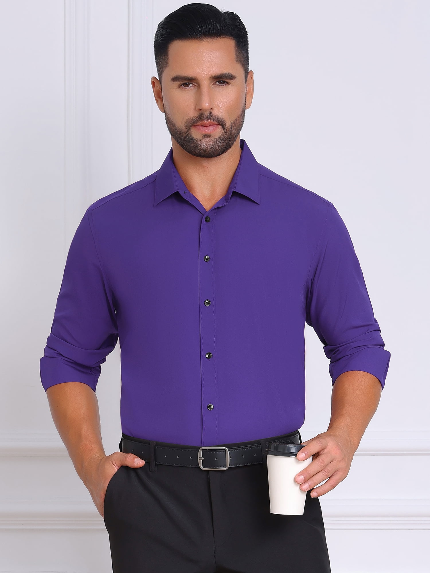 DARING DIVA Men's Solid Color Button Down Long Sleeves Stretch Shirts S Purple