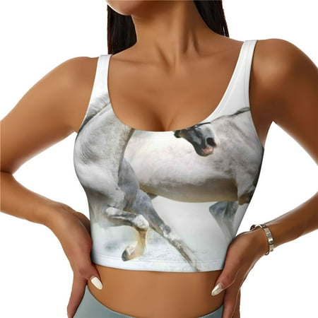 Xecao Running White Horses for Sports Bra with Removable Pads  Crop Tank Top Design  Women s Longline Sports Bra - Non-Wired - Small