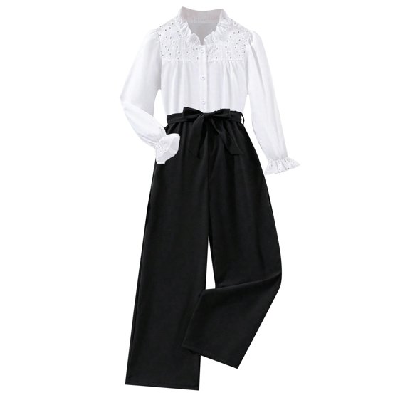 Bearichfupo Girls' White Hollow Out Fashion Long Sleeved Top Lace Up Casual WWide Leg Pantsuit,Girls' Pant Sets Sizes 5-6 Years
