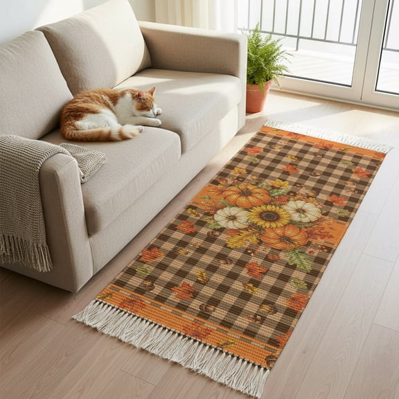 Thanksgiving Fall Pumpkins Boho Hallway Runner Rug 2x6ft, Kitchen Runner Rug Tassel Rugs, Retro Black White Plaid Area Rugs Floor Carpet for Living Room Bedroom Entryway